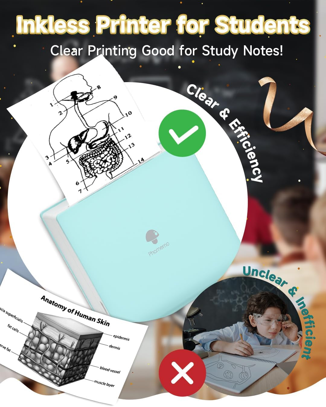 Sticker Printer- Mini Printer M02 Portable Thermal Printer Sticker Maker Inkless Pocket Printer Bluetooth Photo Printer for Learning Assistance, Study Notes, Journal, Fun, Work, Receipts